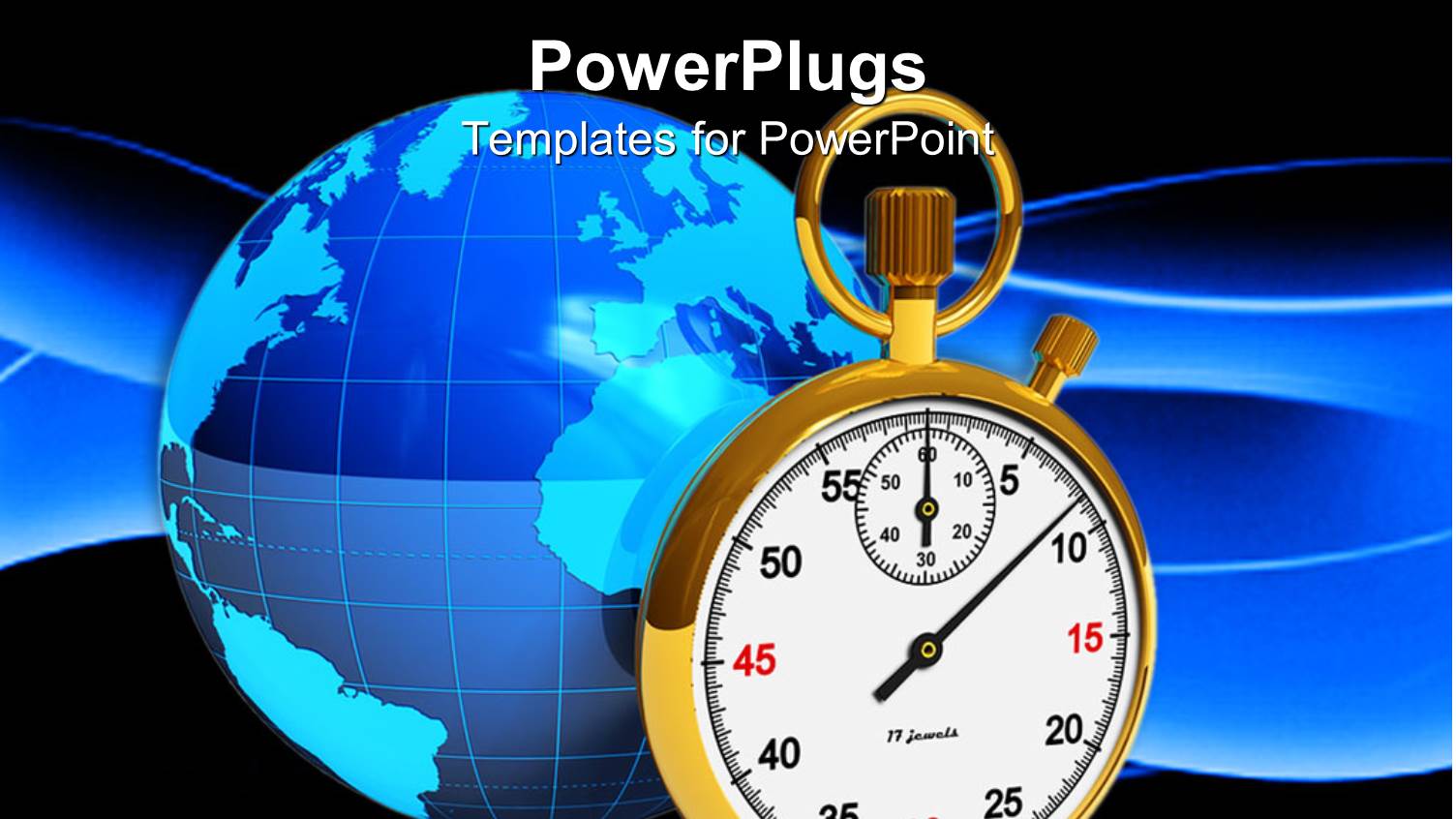 Blue Globe Behind Gold Stopwatch on Wave Pattern Background