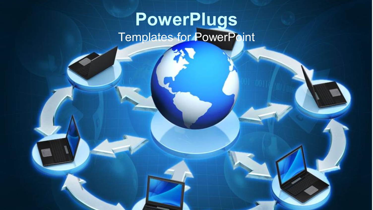 Blue Globe Surrounded by Laptops that are Interconnected in Blue Background