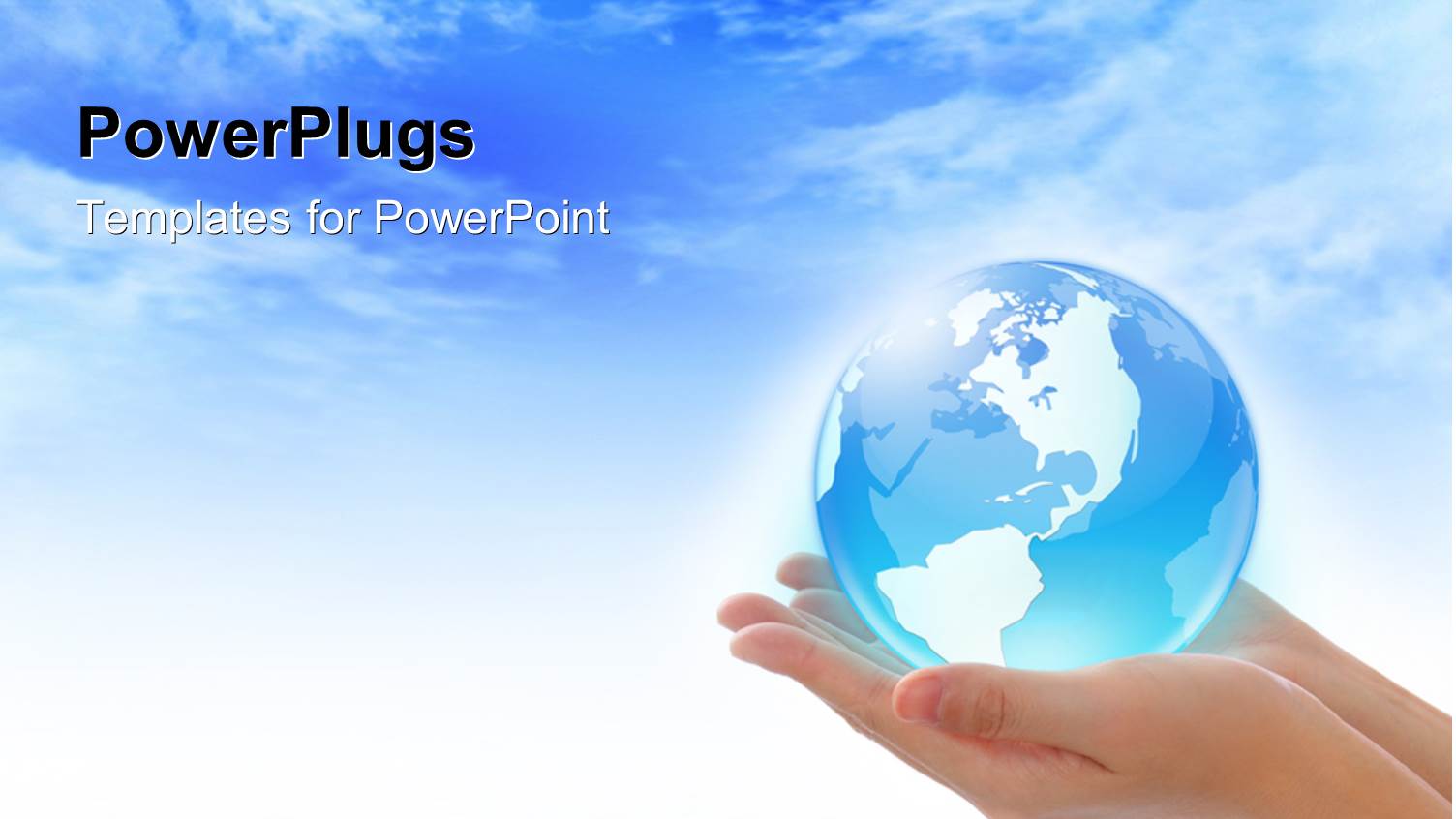 Blue Glowing Globe in Woman's Hands Over Blue Cloudy Sky