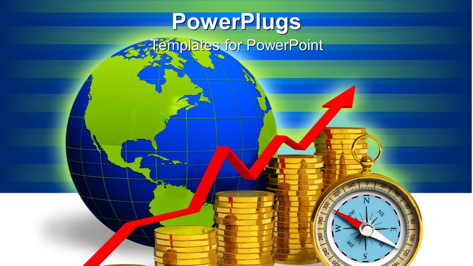 Blue and Green Globe Behind Gold Coins, Red Arrow and Compass