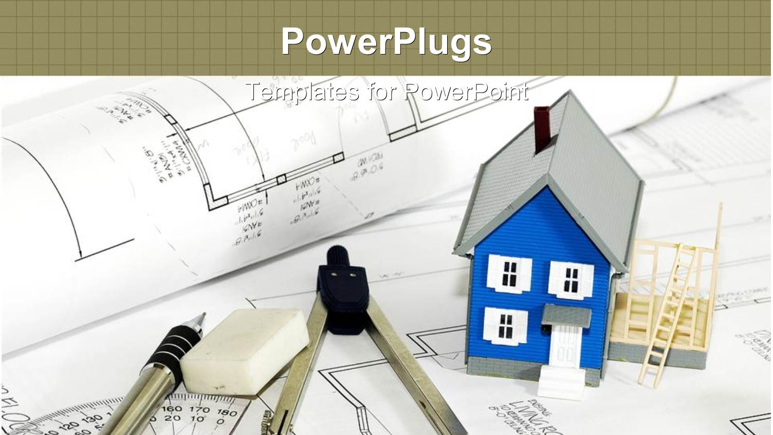 Blue House Model Next to Rubber, Pen and Compass on Blueprints