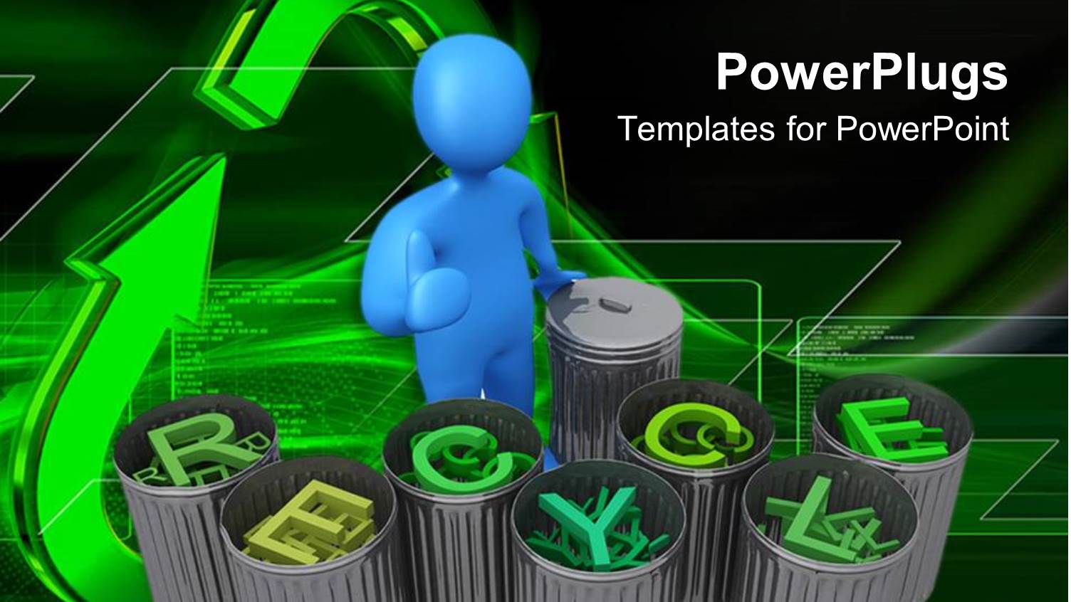 Blue Human Figure Standing in Front of Bins with the Words Recycle