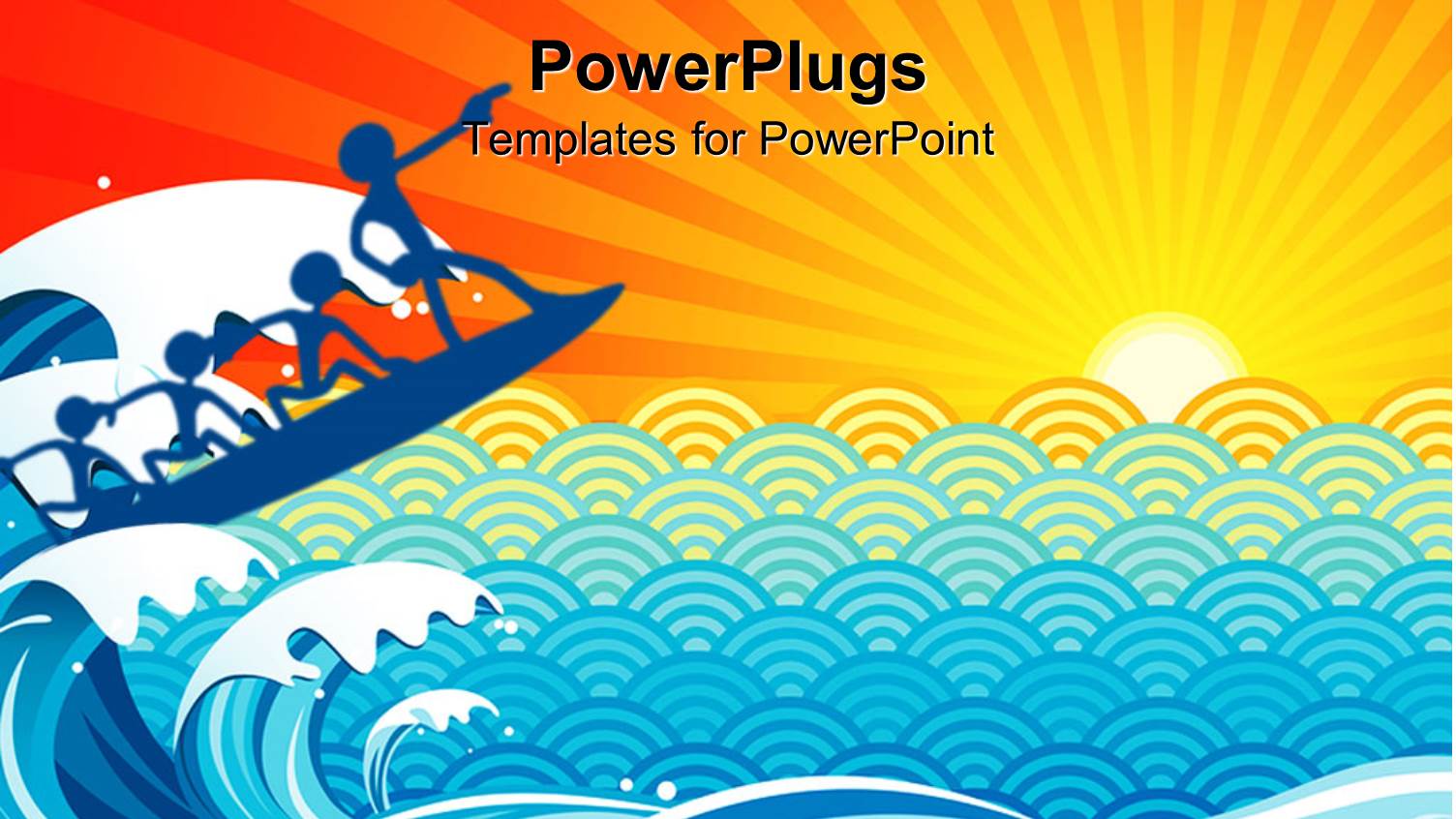 Blue Humans Riding Waves on Surf Board, Abstract Background with Sun, Surfing