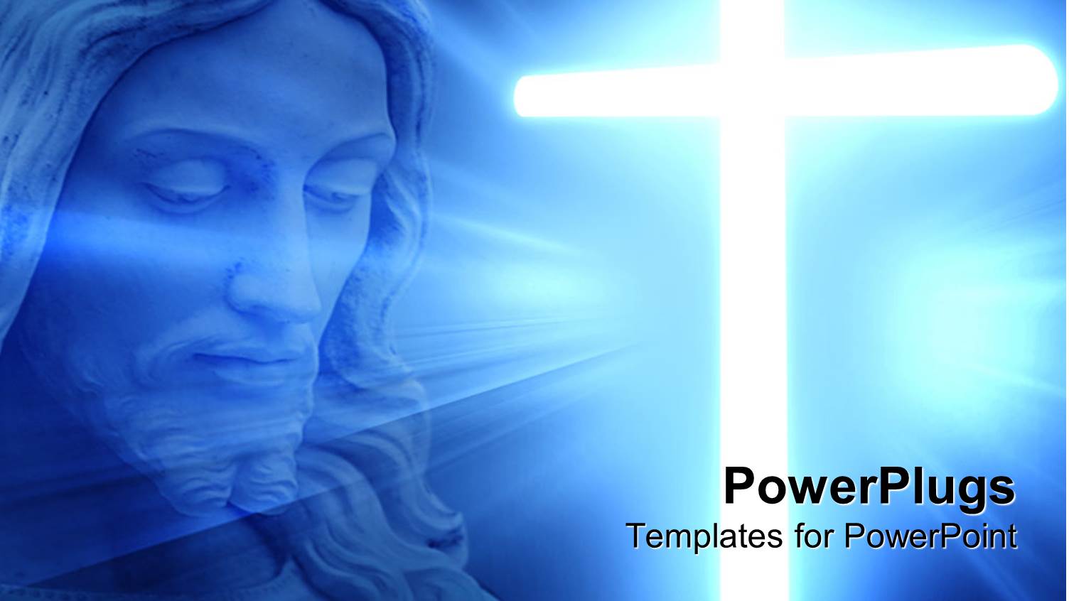 Blue large Depiction of Jesus and a large Shinning Cross