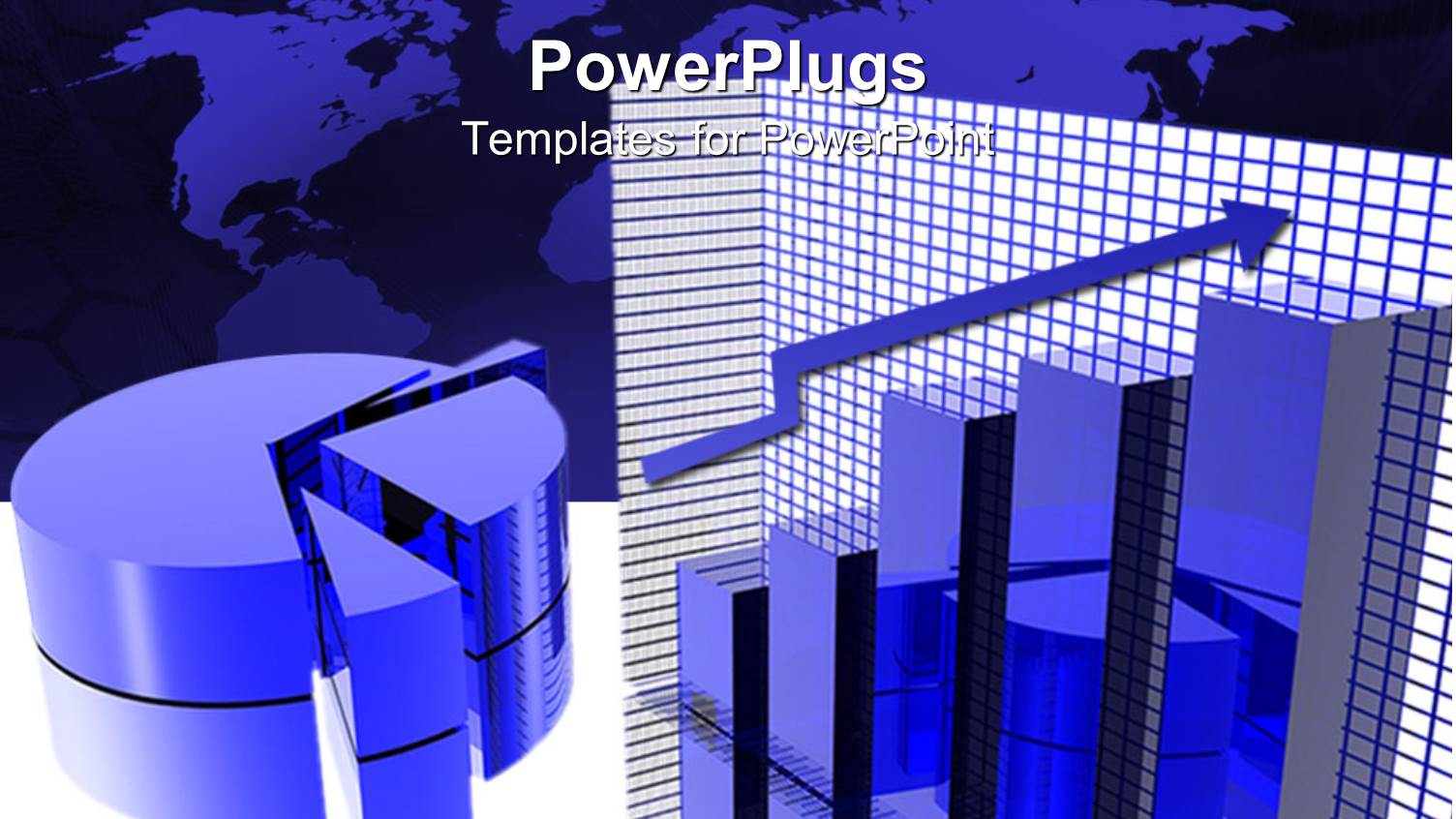 a Blue Piechart and a Barchart with a World Map Background