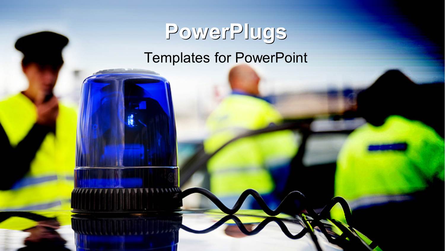 Blue Police Flashing Light on Car Roof with Officers Holding Communication Radio