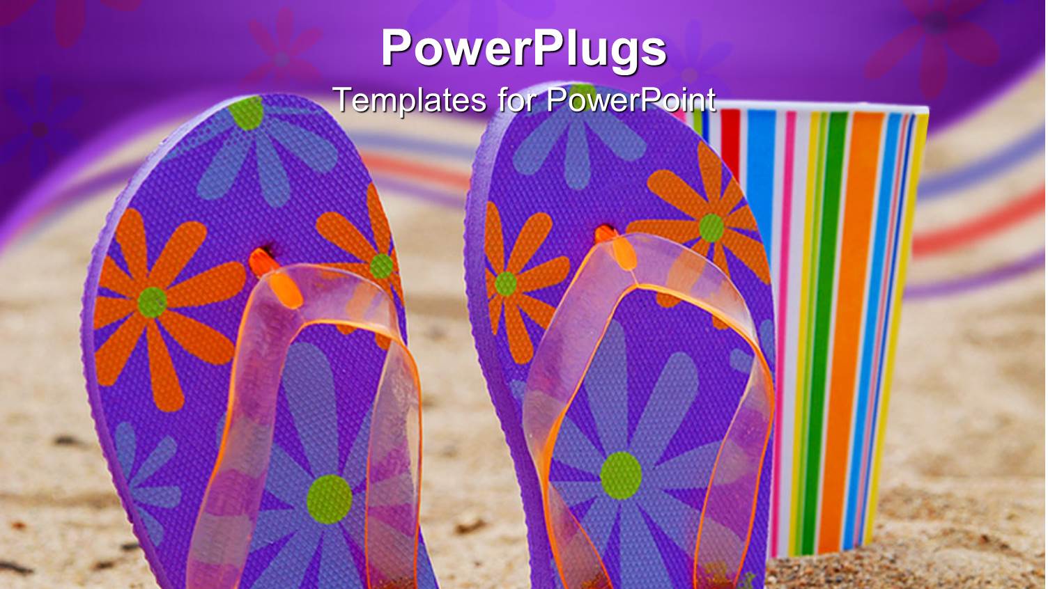 Blue and Purple Floral Patterned Flip Flops in Sand with Colorful Cup