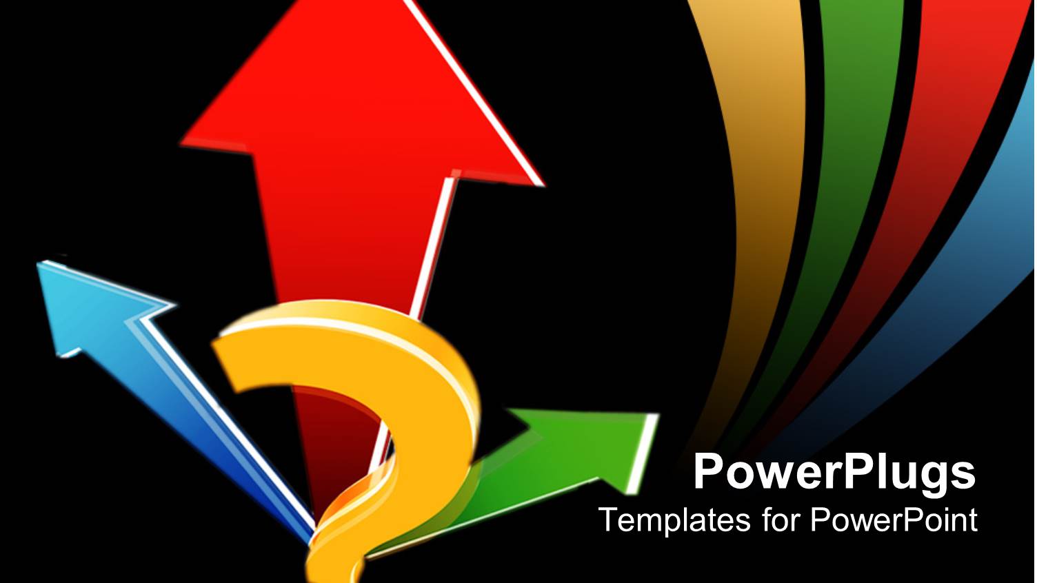 Blue, Red and Green Arrows with Yellow Question Mark and Colored Curved Lines on Black Background