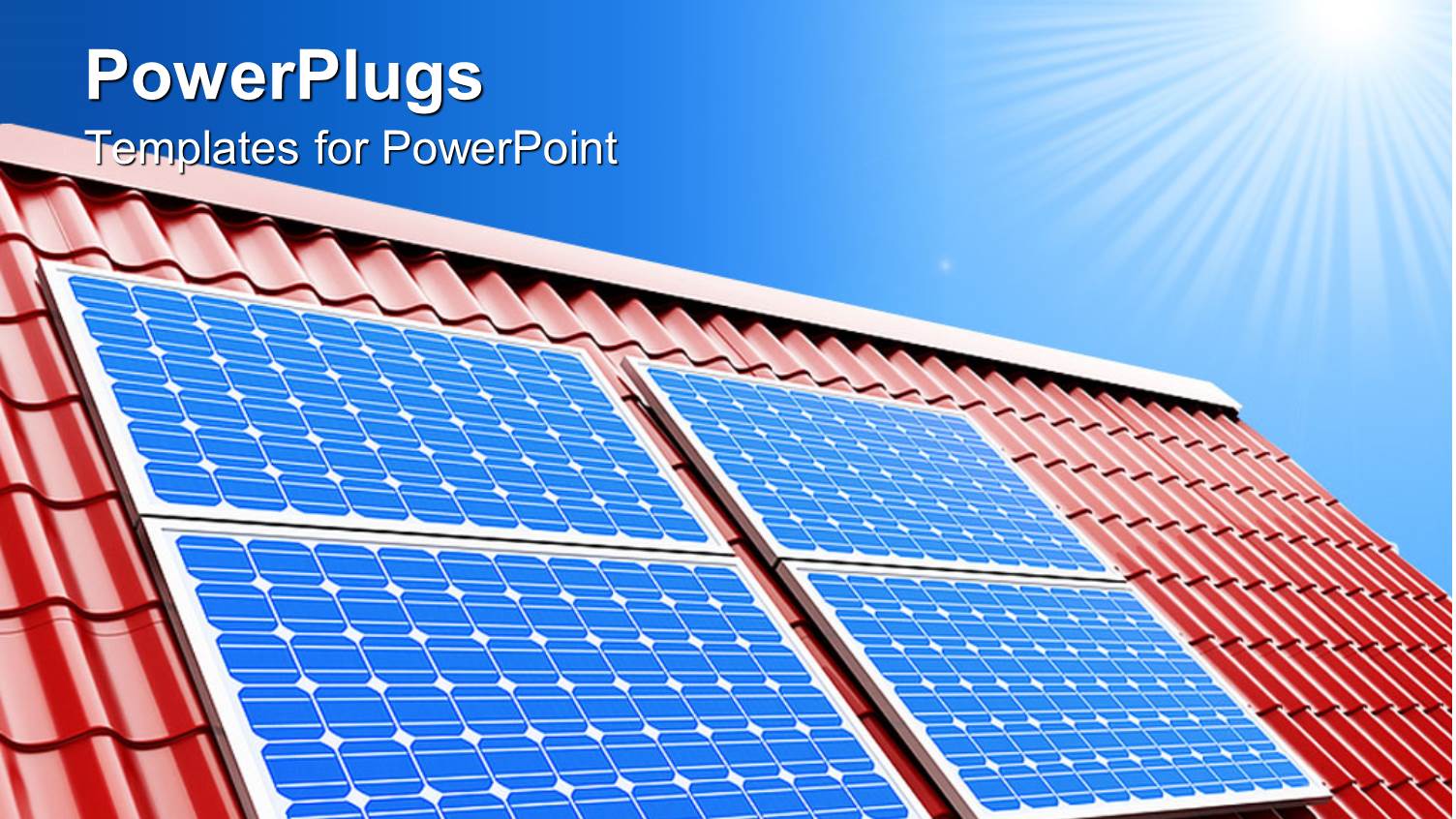 Blue Solar Panels on Red Roof on a Sunny Light Blue Sky Background