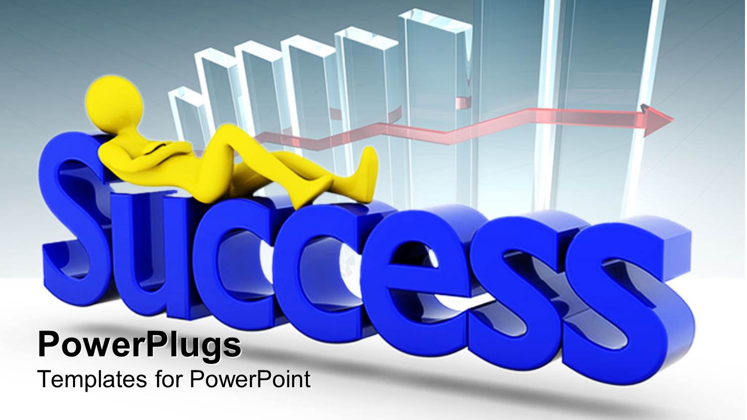 Blue Success and Yellow Figure Laying on Top of Success, Chart Bars with Red Arrow