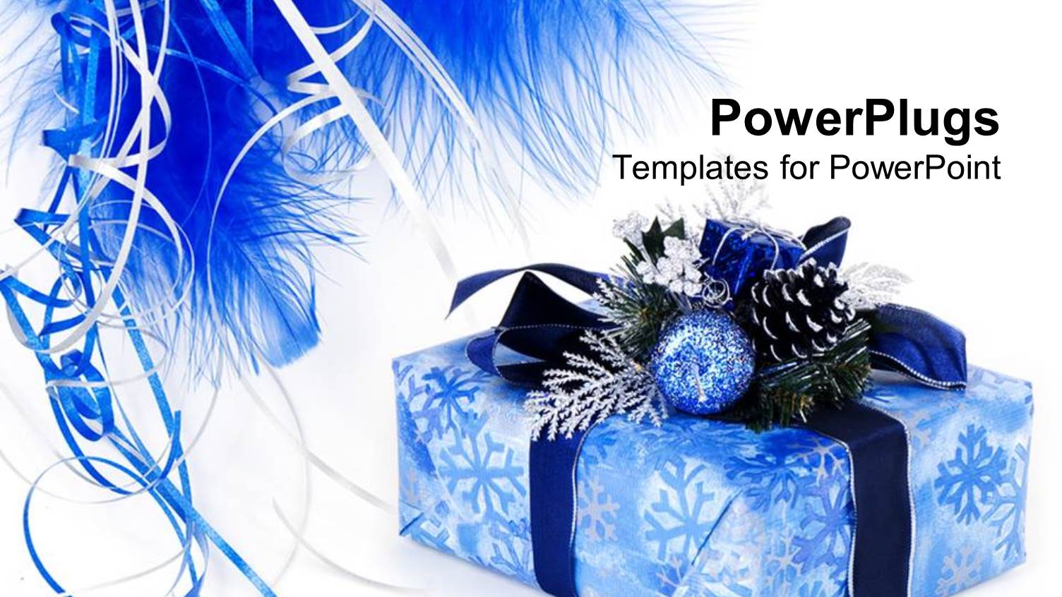 Blue Wrapped Gift Box with Ornaments, Ribbons and Feathers