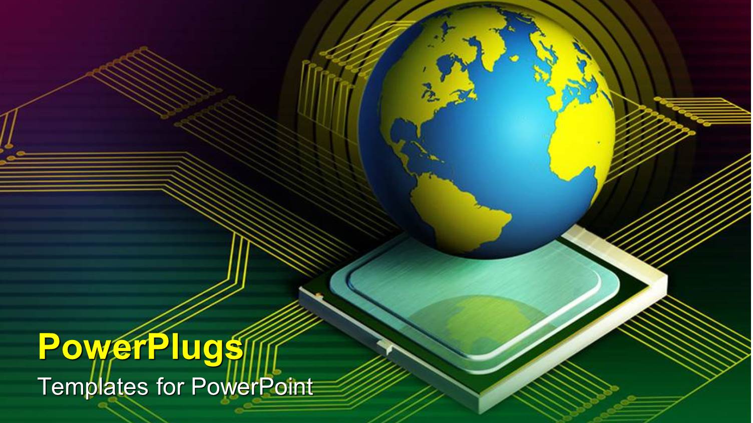 Blue and Yellow Globe on Computer Processor with Lines Depicting Technology Theme