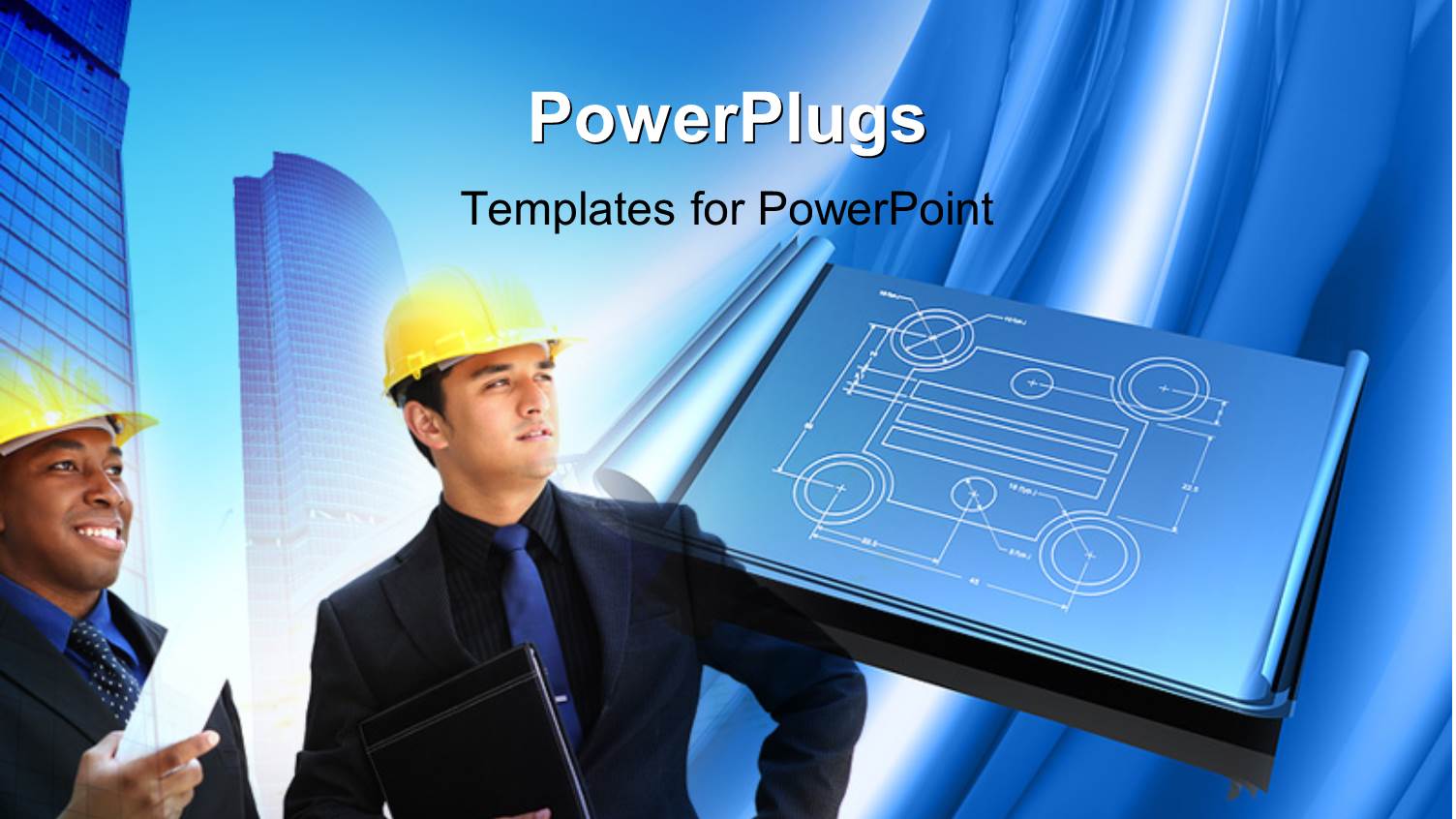Blueprint of Building with Two Architects Wearing Protective Helmets