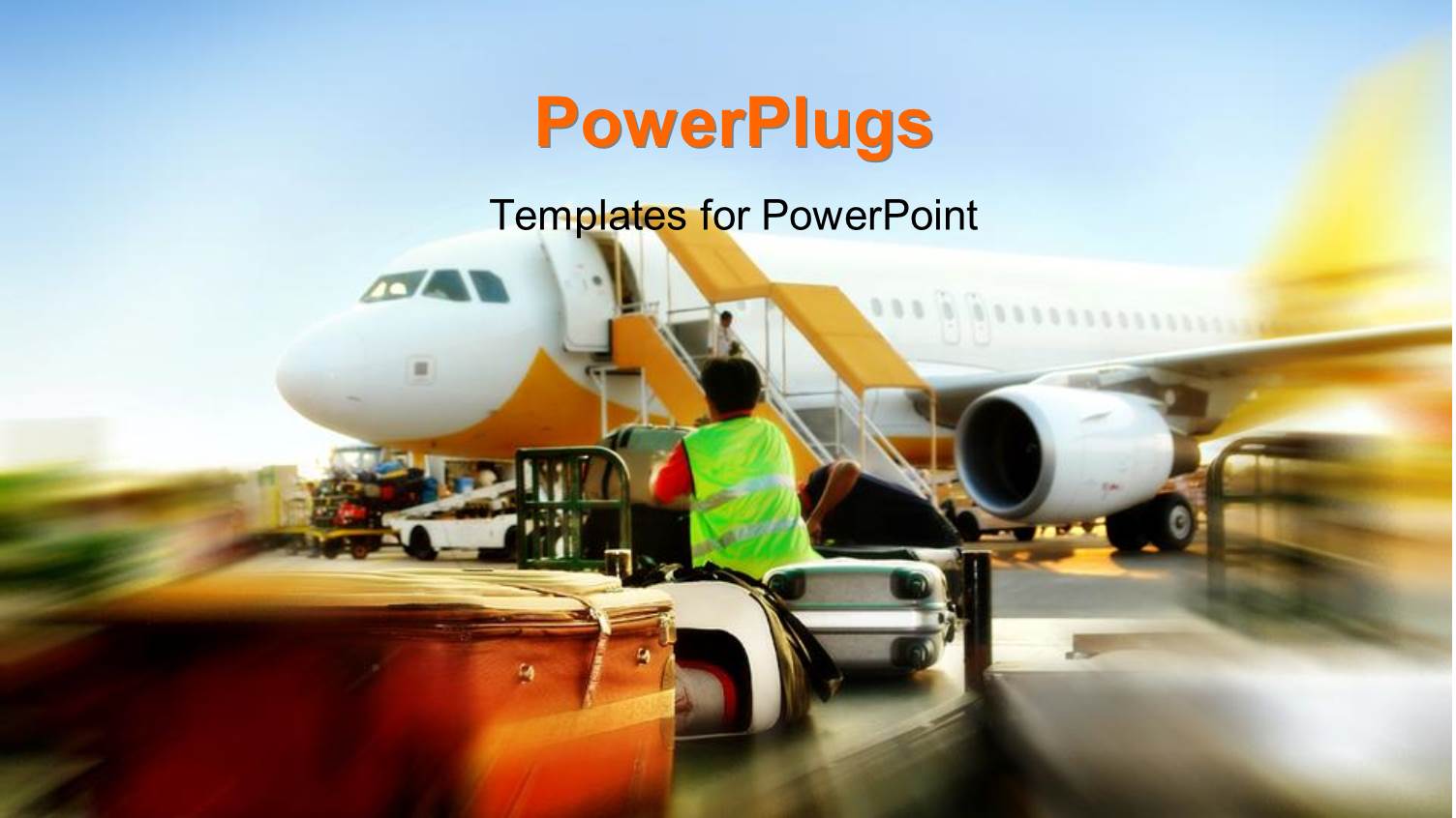 Blurred Depiction of Plane Waiting in the Airport with Luggages and Airport Worker