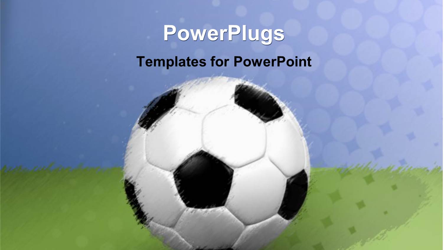 Blurred Design of White and Black Soccer Ball on Green Grass and Blue Background
