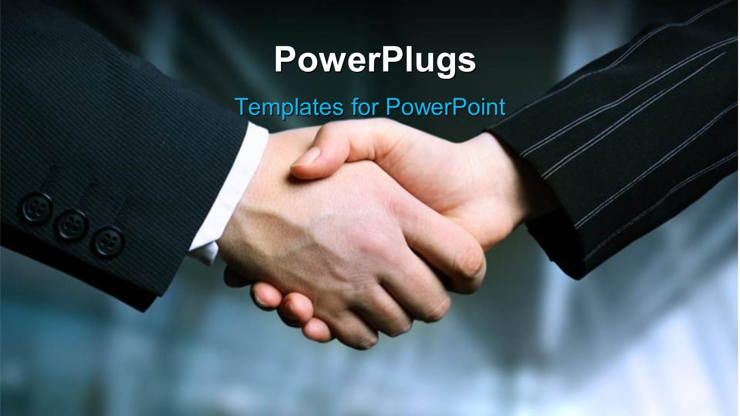 Blurred Office Buildings in Background with Two Business Men Shaking Hands 