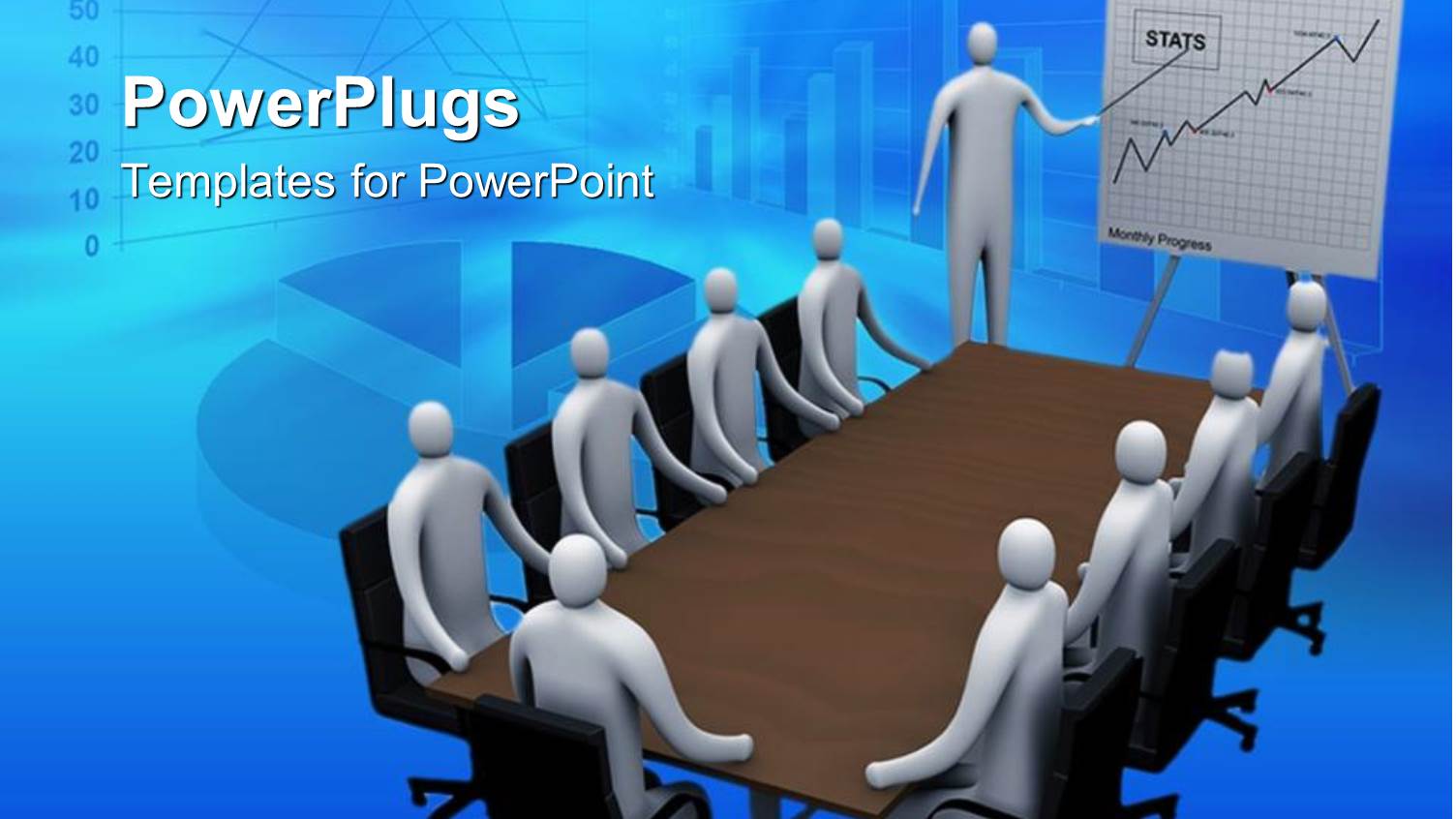 Board Room with 3D Man Giving presentation on Statistics, Meetings, Business