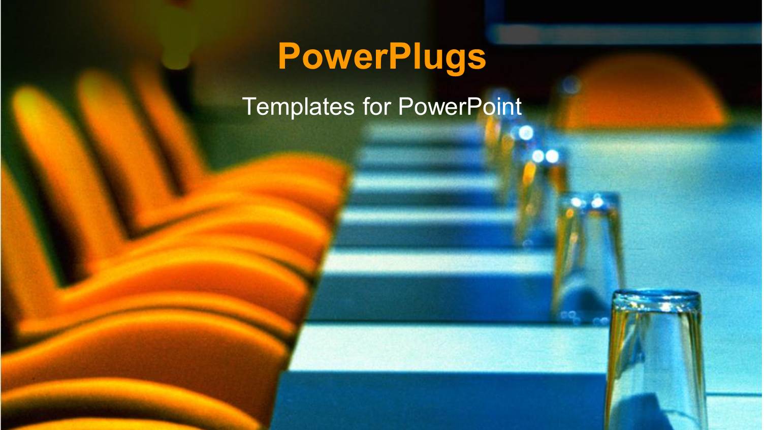 Boardroom with Orange Seats, Blue Table and Well Placed Glasses