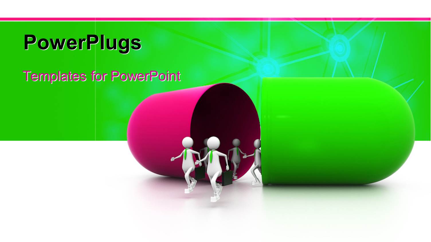 Depiction of 3D Men Running Out of large Green and Purple Capsule