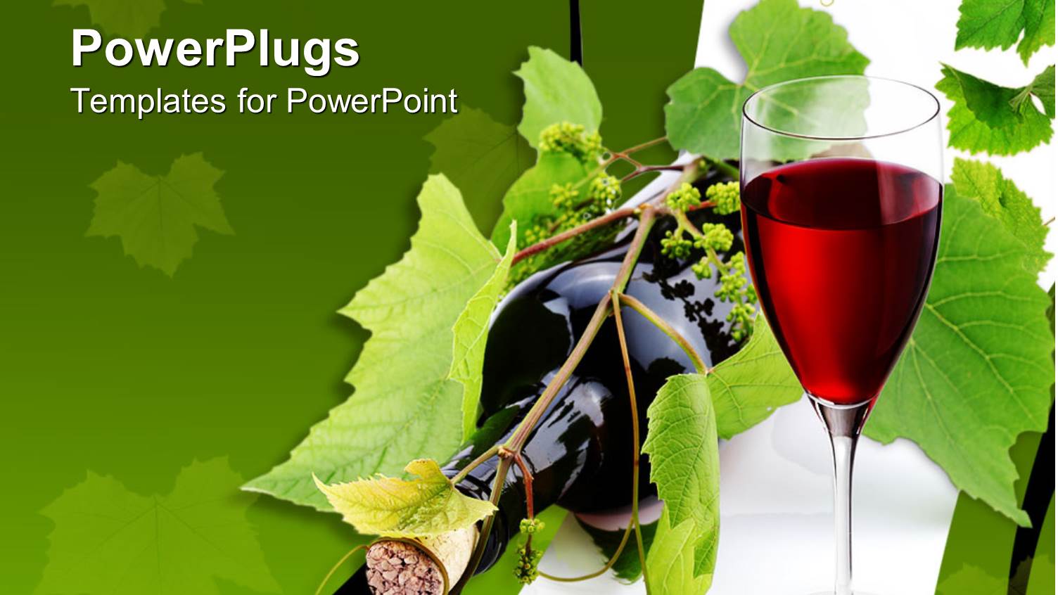 Bottle of Wine Glass of Wine and Vine with Green little Grapes on White and Green Background