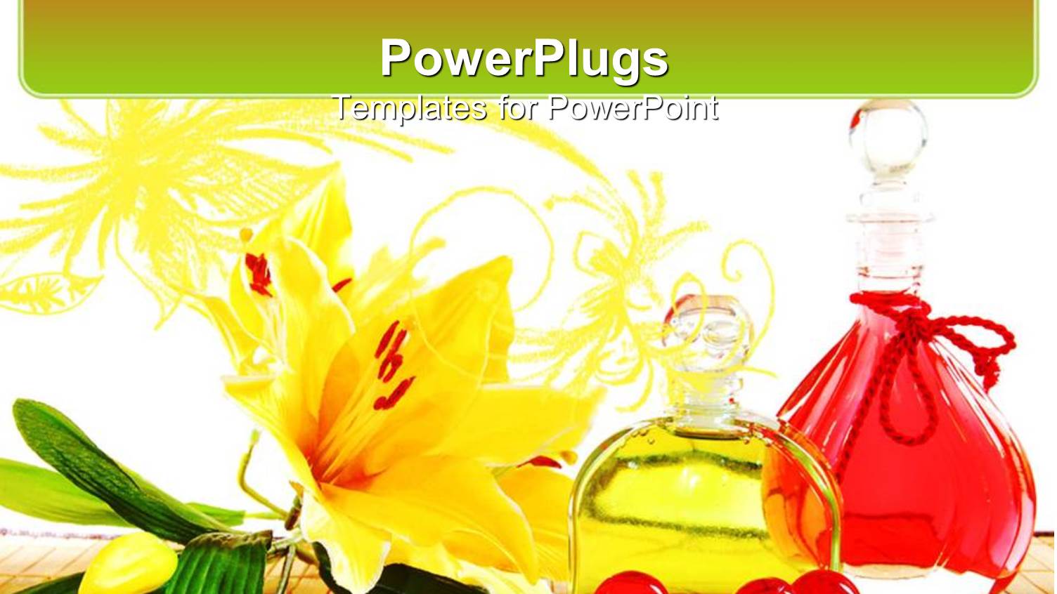 Bottles of Perfume Massage Oil with Vanilla Flower and Cherries