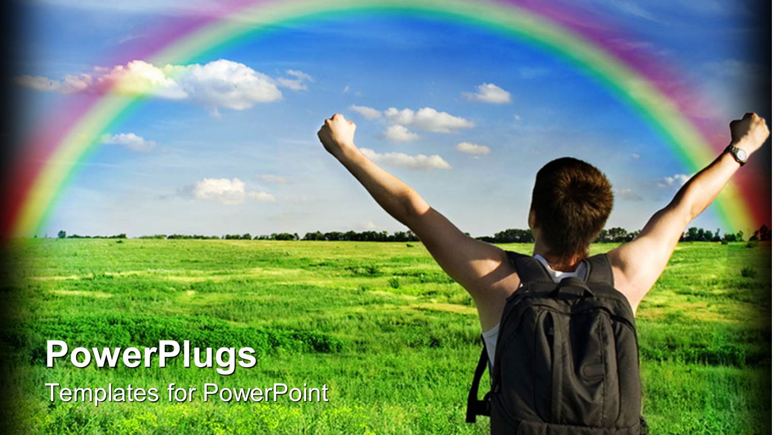 a Boy Being Happy with a Rainbow in Front of him