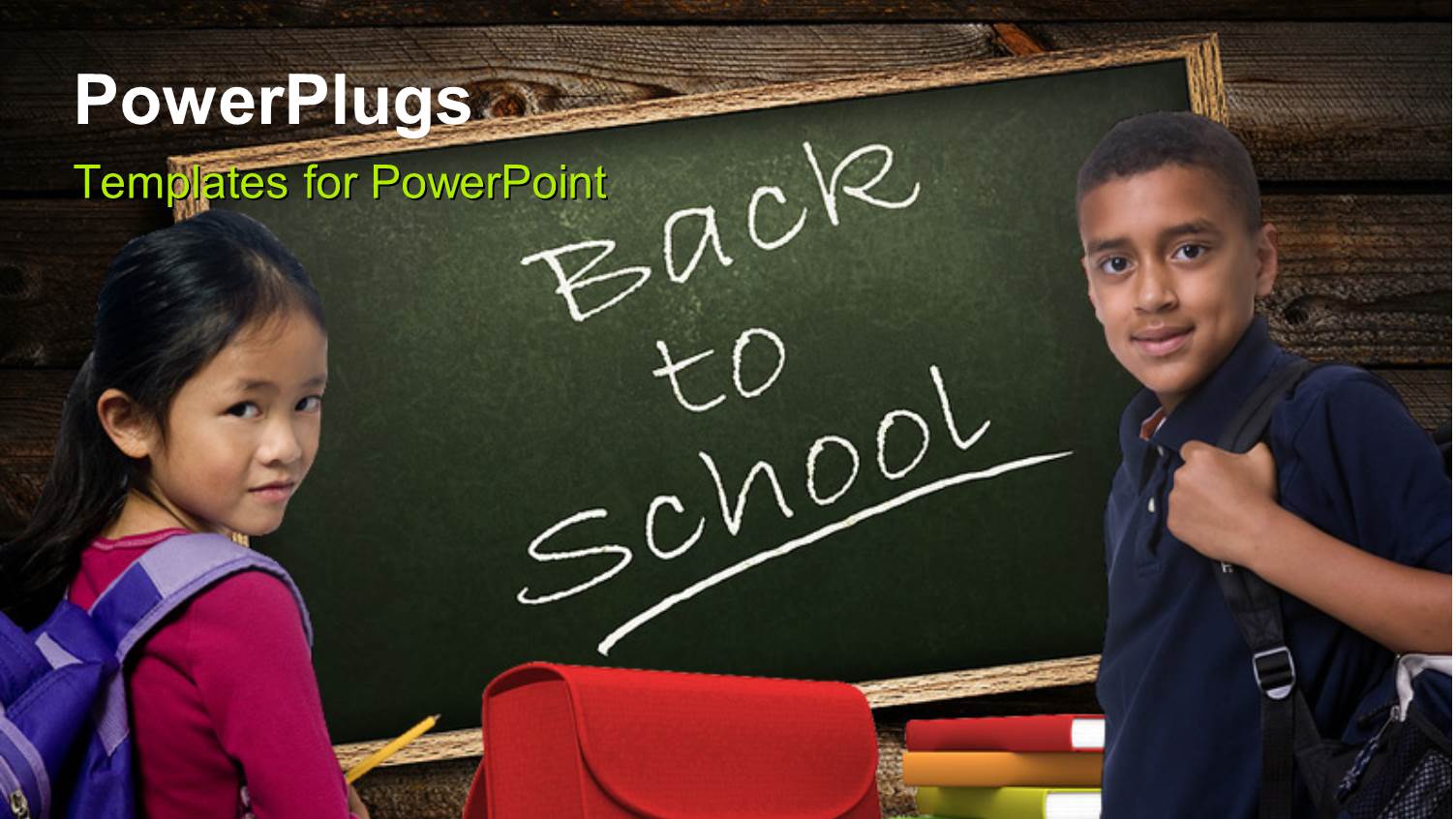 Boy and Girl Dressed for School with Book Pile and Chalkboard
