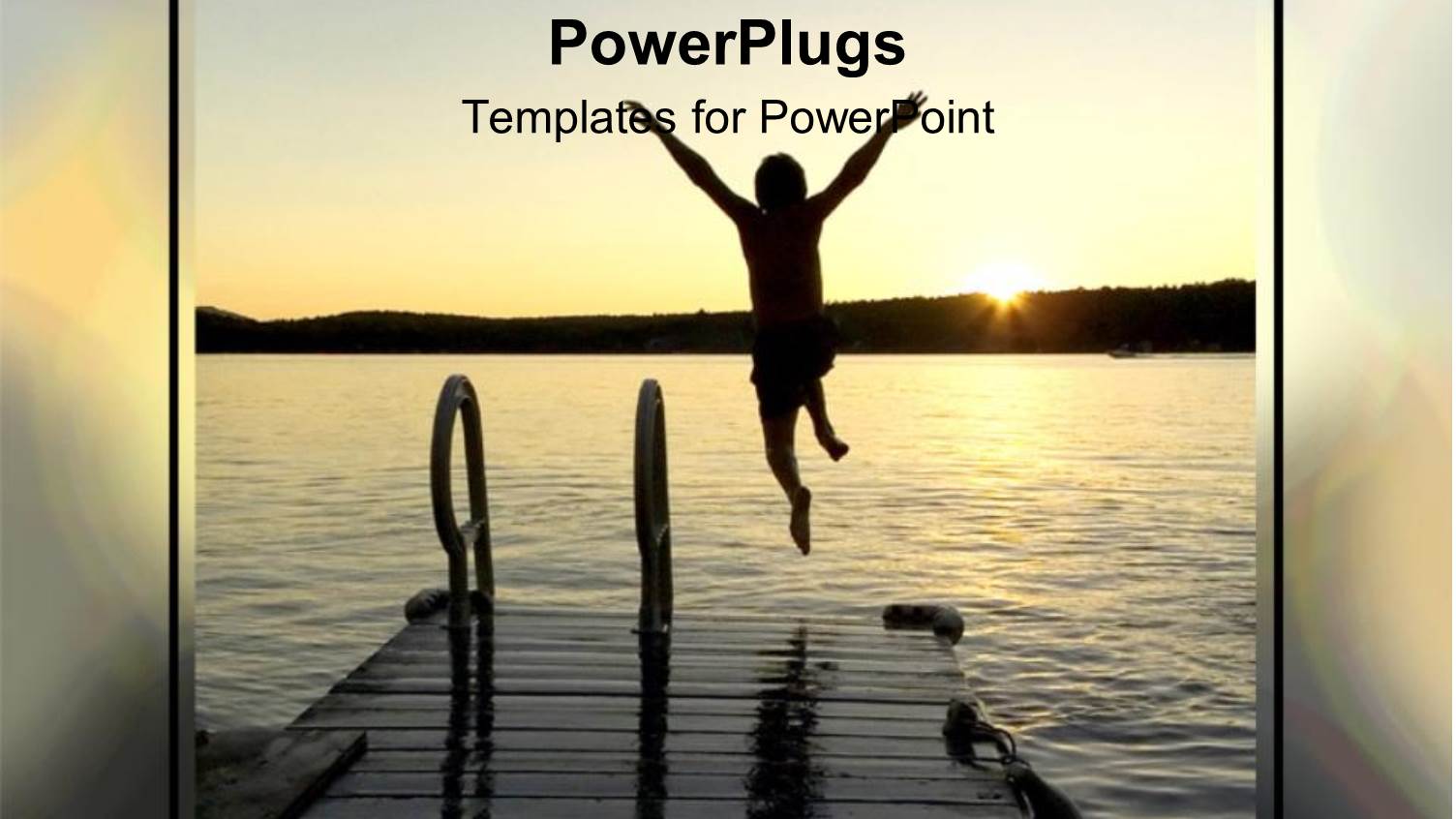 Boy Jumps into Sea from Sea Dock with Sunset on Horizon