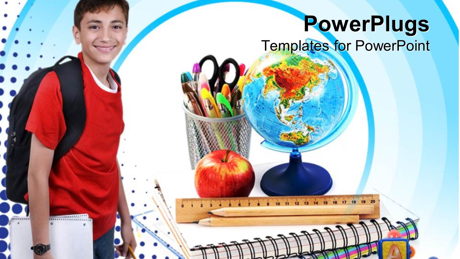 a Boy with a School Bag with an Apple in the Background