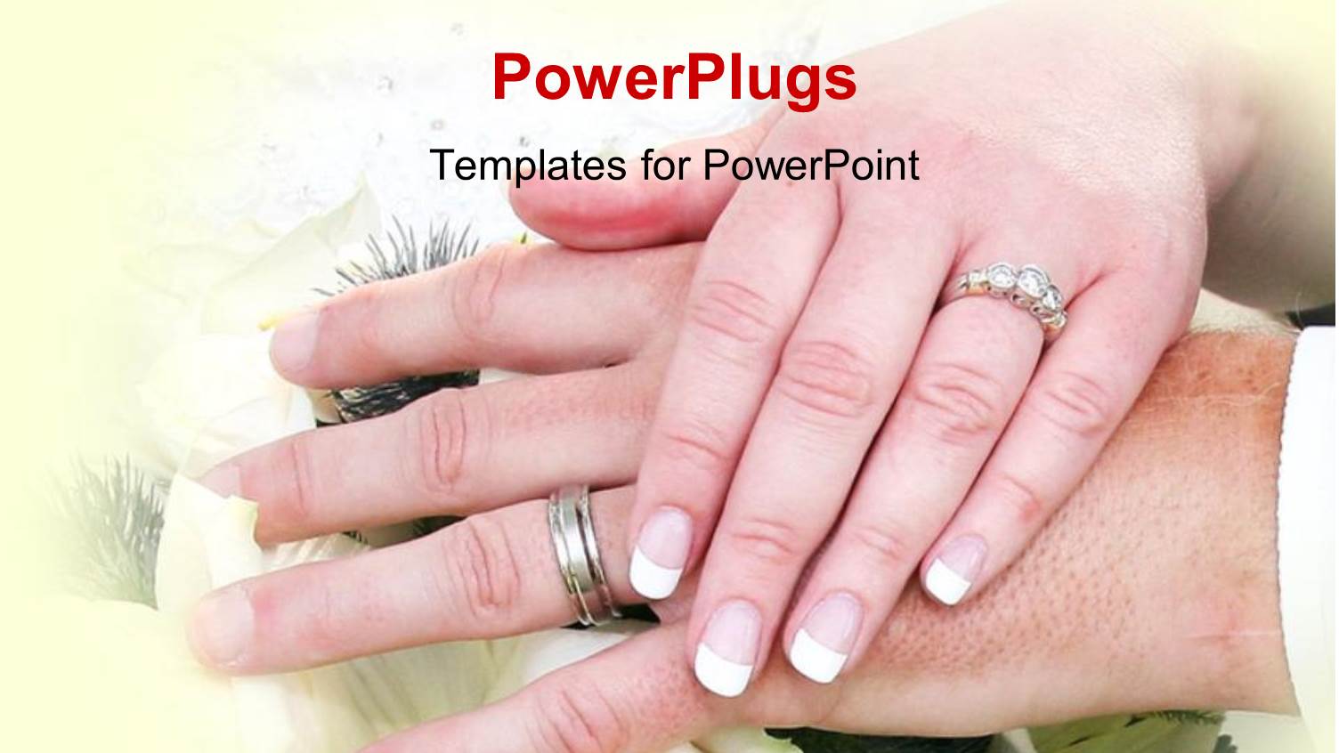 Bride Places Hand on Grooms Hand Over Floral Background