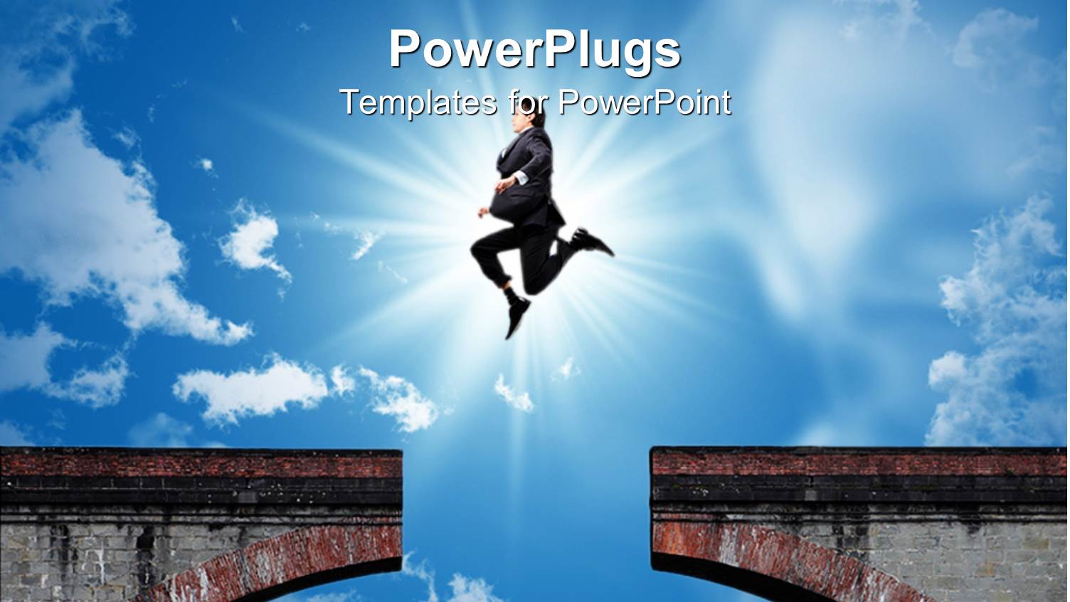 Bridge with Missing Part and Businessman Jumping Over the Gap of the Bridge with the Sun in the Background on Bright