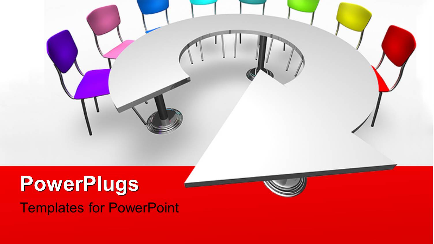 Brightly Colored Chairs Arranged Around Round Arrow Shaped Table