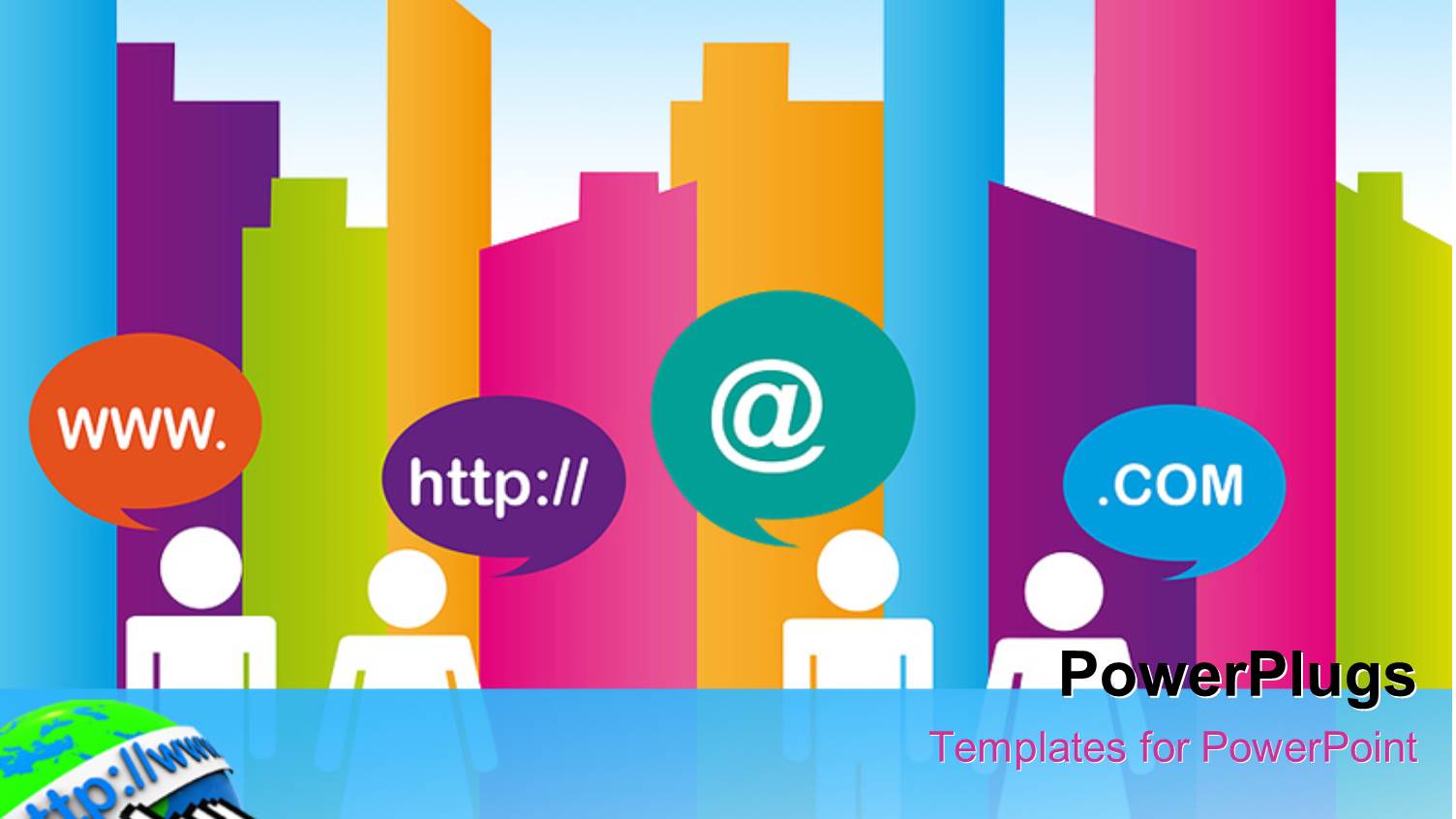 Brightly Colored Two Dimensional Cityscape and White Figures with Conversation Bubbles and Internet Related Lingo