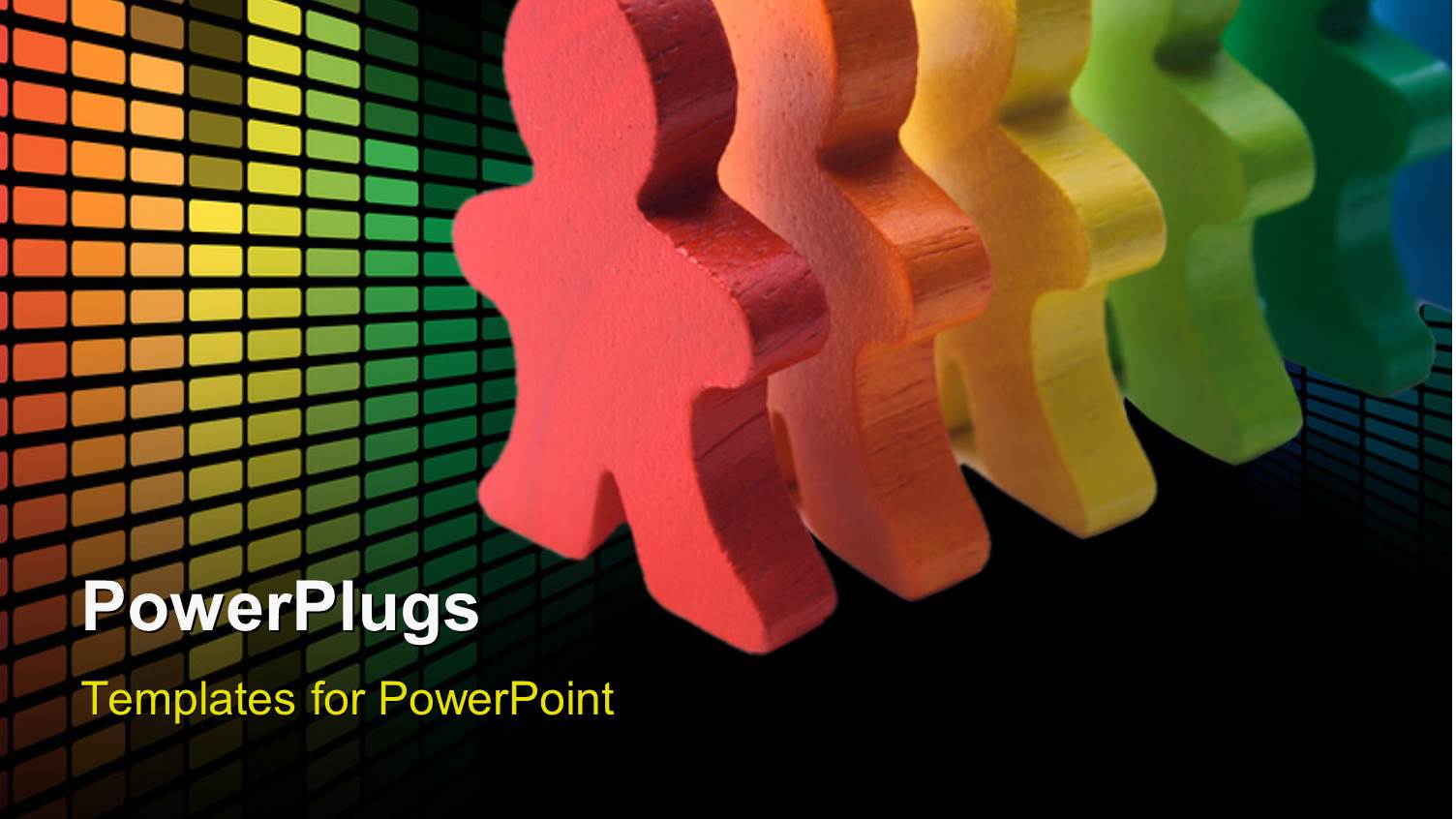 Brightly Colored Wooden People Standing in a Line with Colorful Lights in Background