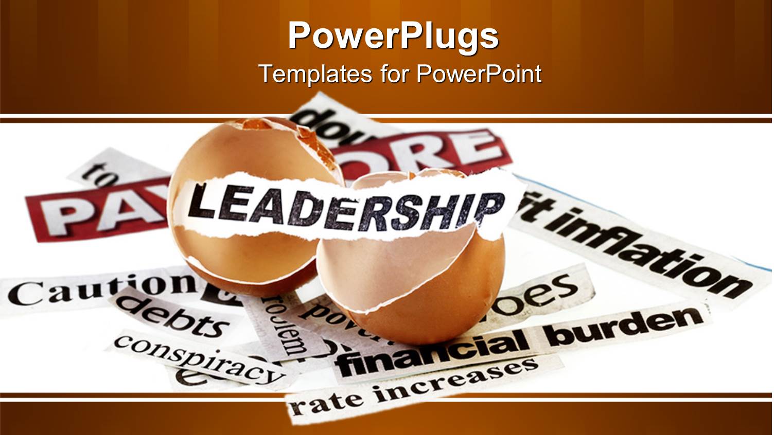 Broken Eggshell with Leadership Word on small White Paper Piece and Paper Pieces with Financial Related Words on White