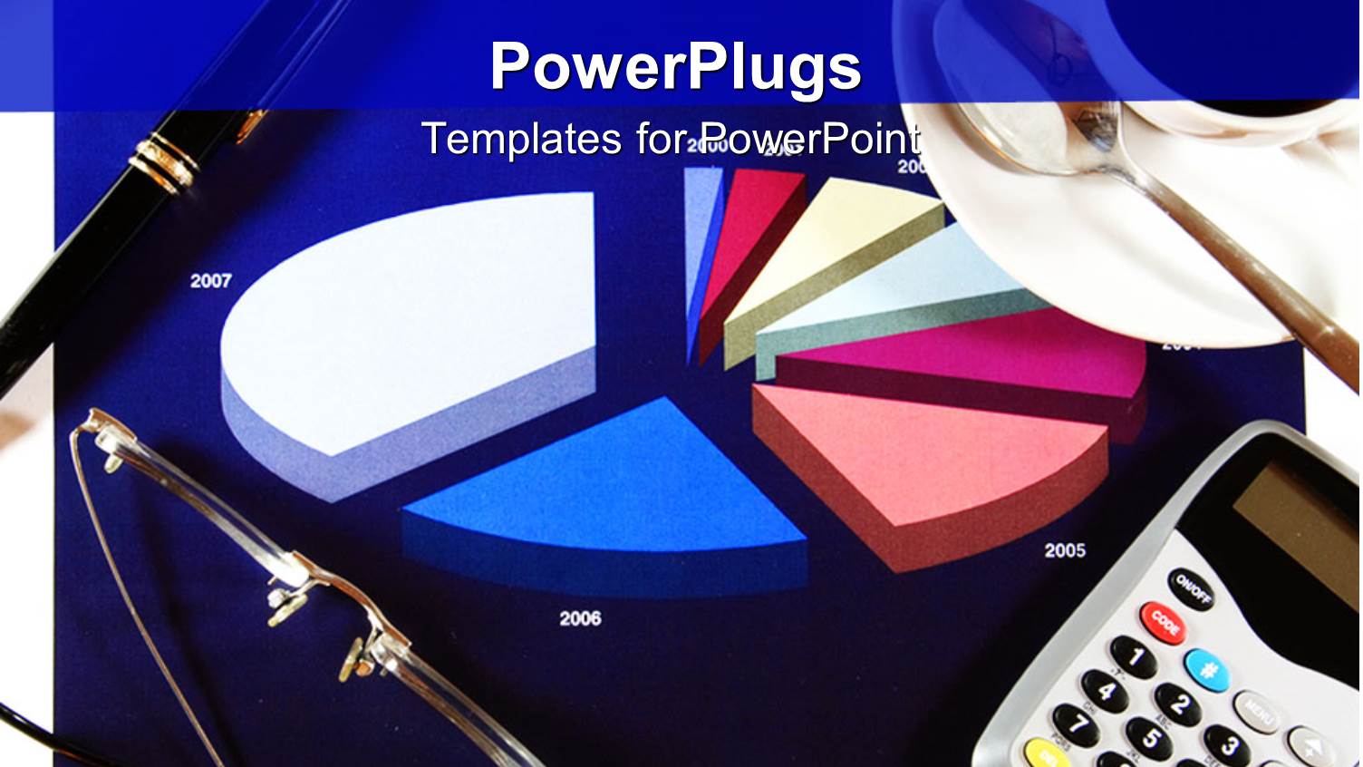 Broken Financial Pie Chart with Calculator, Coffee Cup, Pen and Glasses, Financial Statements, Meetings, Business