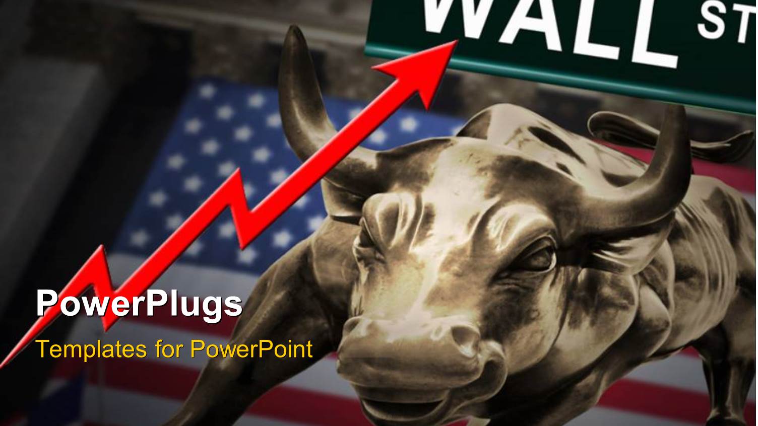 Bronze Bull Over American Flag with Red Financial Chart and Wall Street Signpost