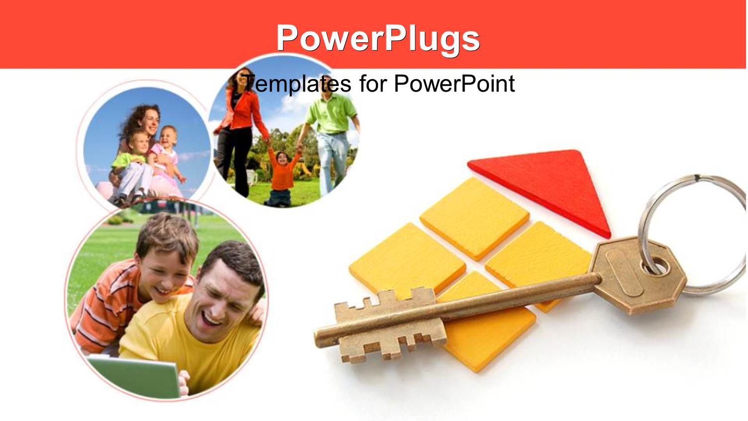 Bronze Key Over House Outline with Collage of Happy Family