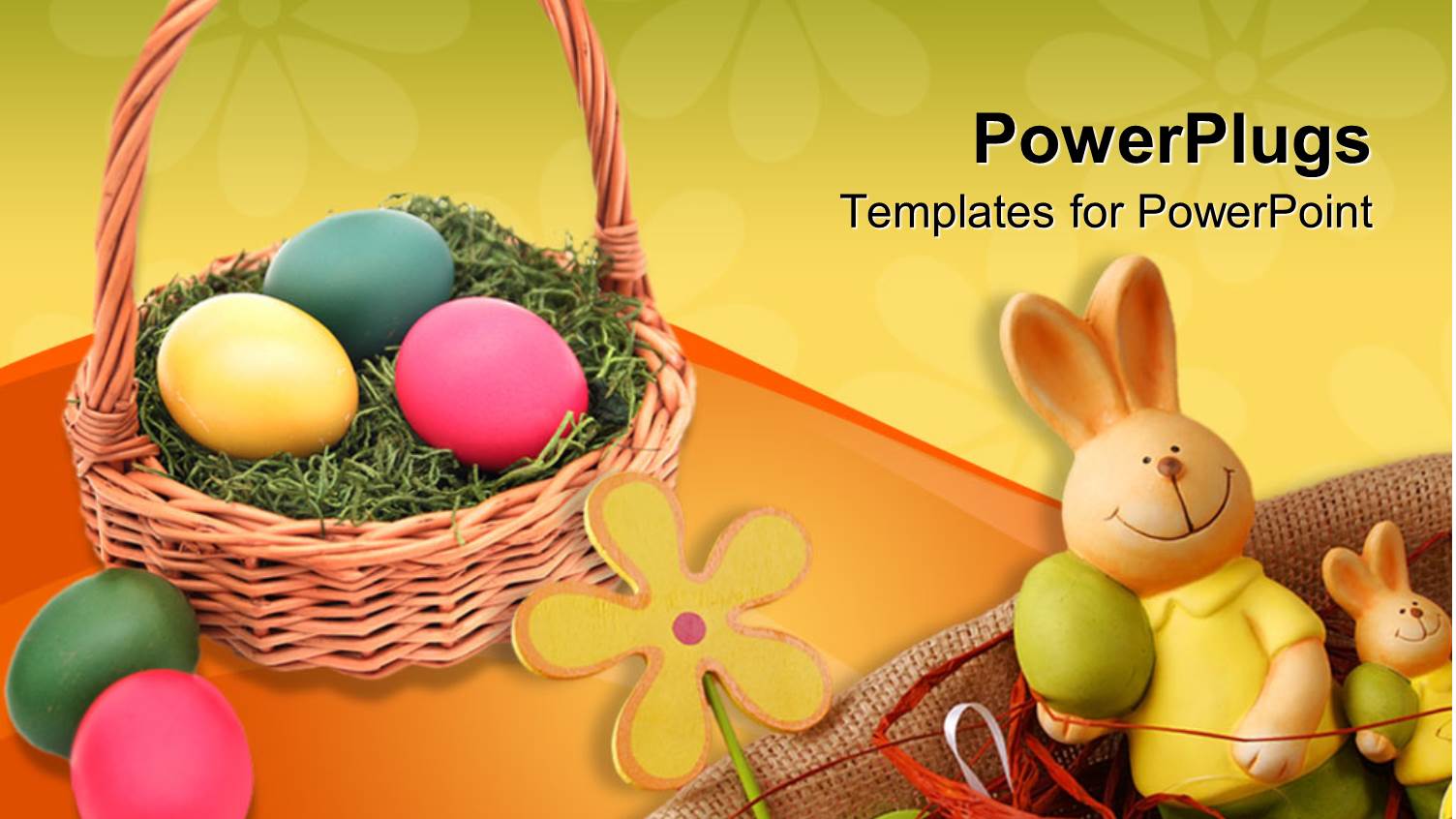 a Brown Basket Filled with Colorful Ester Eggs and an Ester Bunny