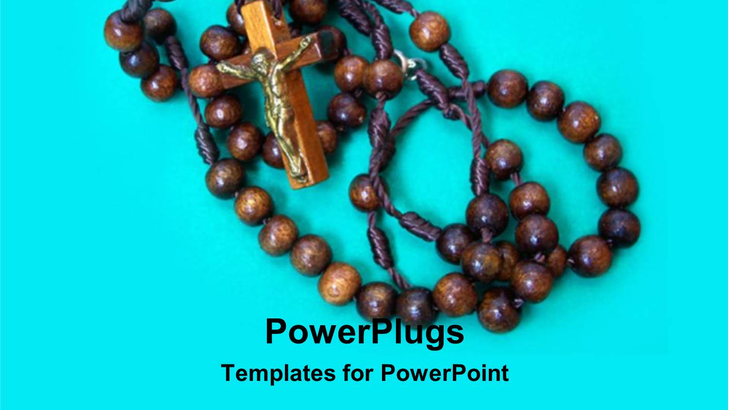 a Brown Rosary with a Cross on a Blue Background