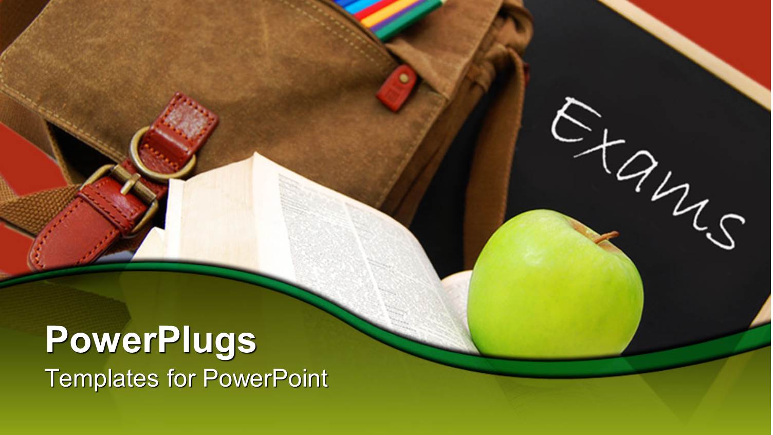 Brown Satchel with Color Pencils with an Apple and Chalk Board