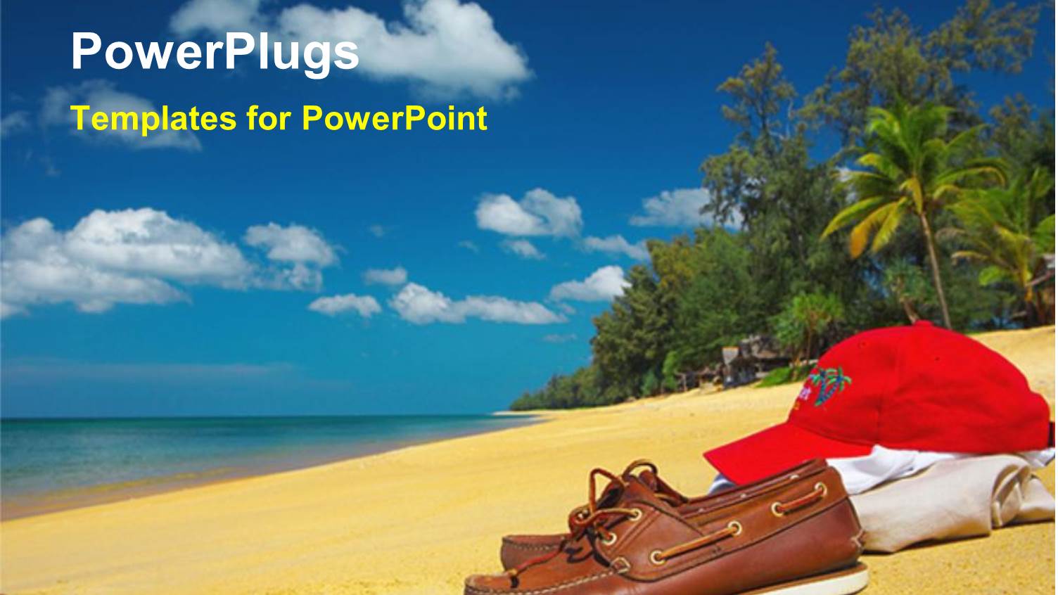 Brown Shoes, Red Cap Over Bright Clothing on a Sandy Beach with Palm Tree and Trees, Ocean Water and Blue Sky