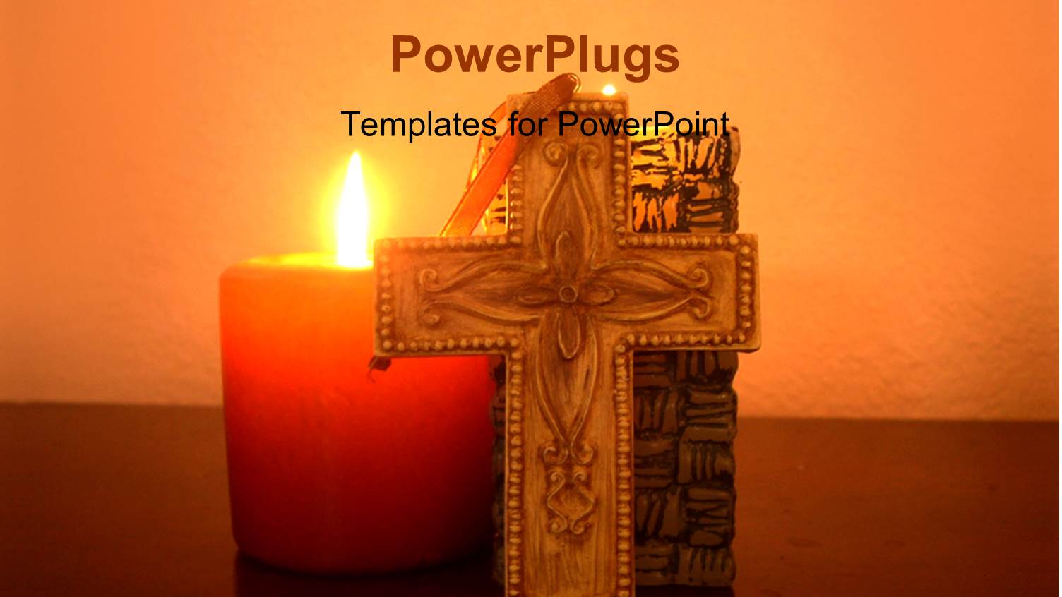 Burning Candle with Cross and Holy Book in Background