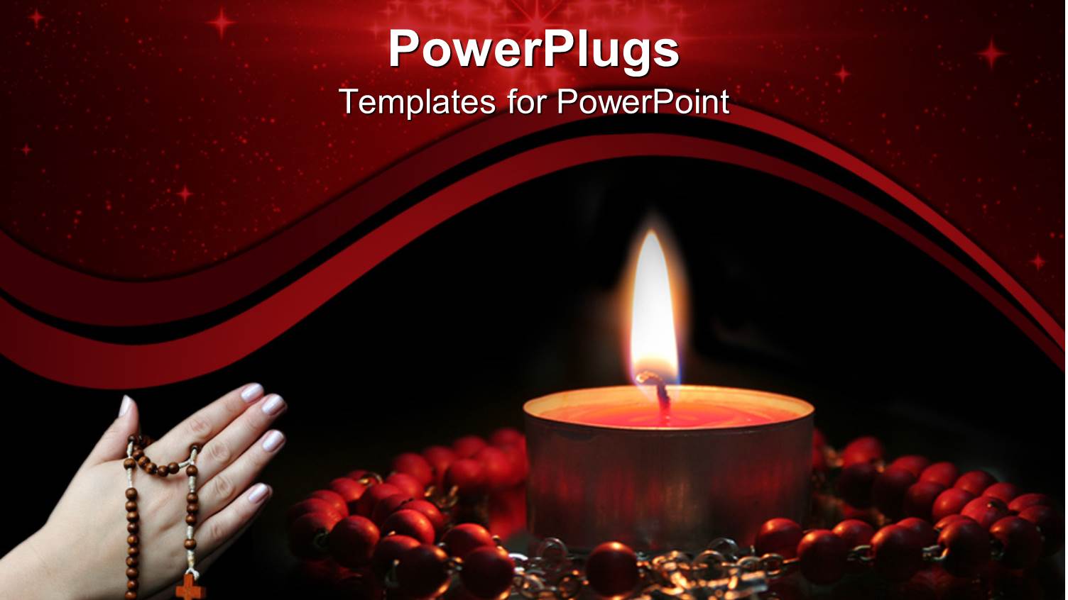 Burning Candle Surrounded by Red Rosary and Woman Hands in Prayer Holding Rosary on Red and Black Background