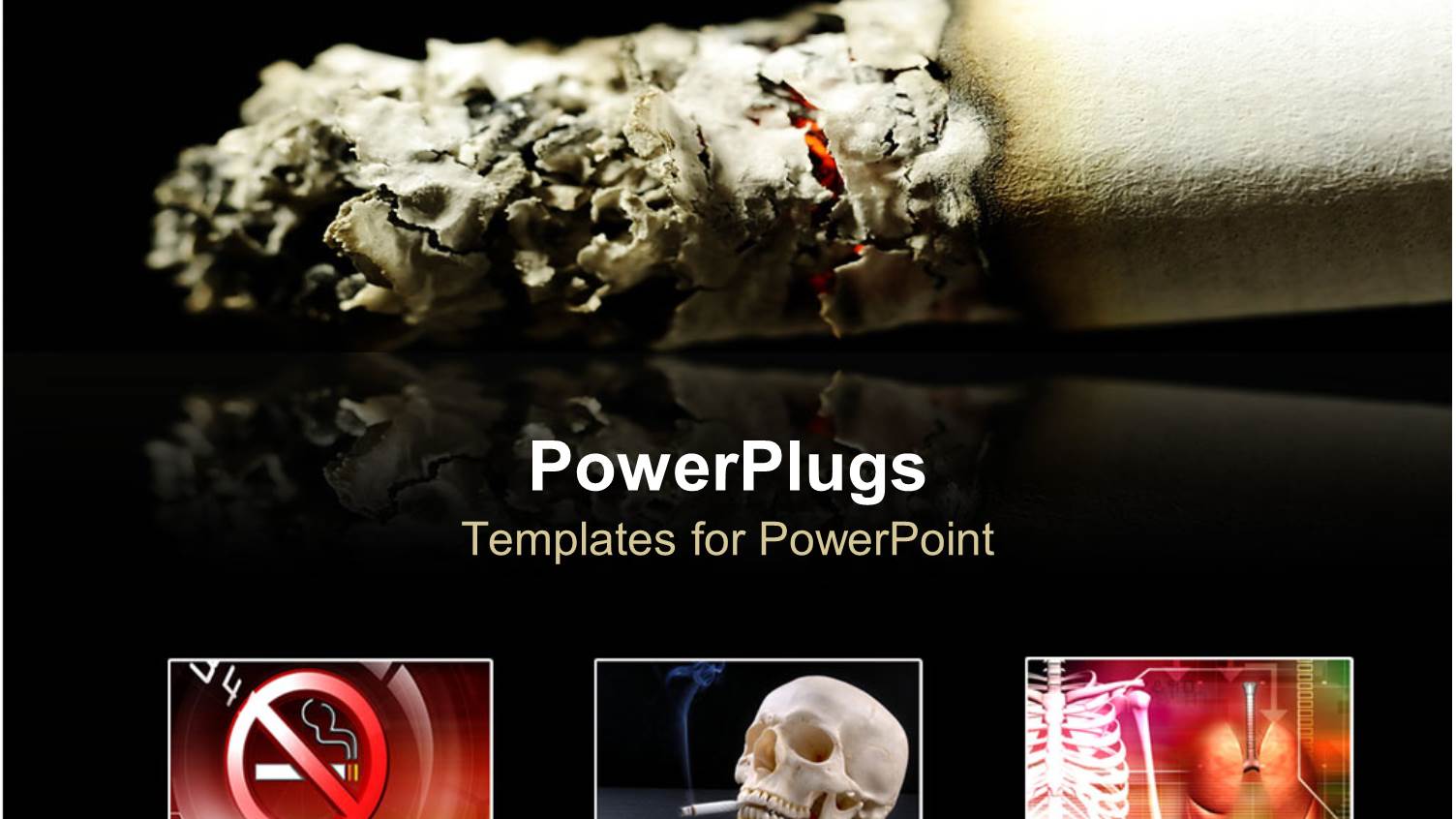 Burning Cigarette with Three Displays of the Dangers of Smoking