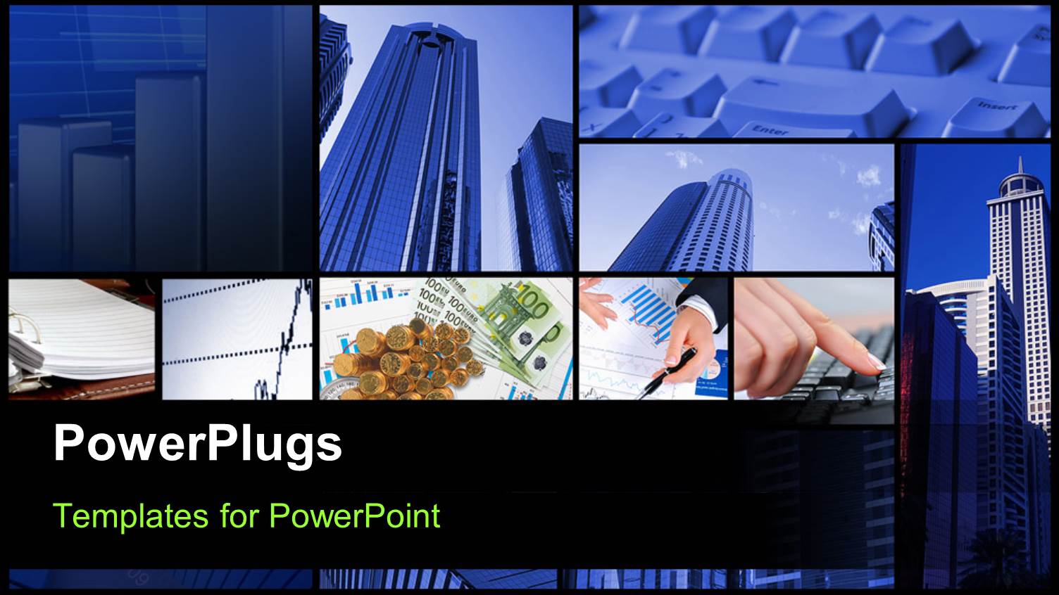 Collage of Office Buildings and Business Depictions in Blue Background