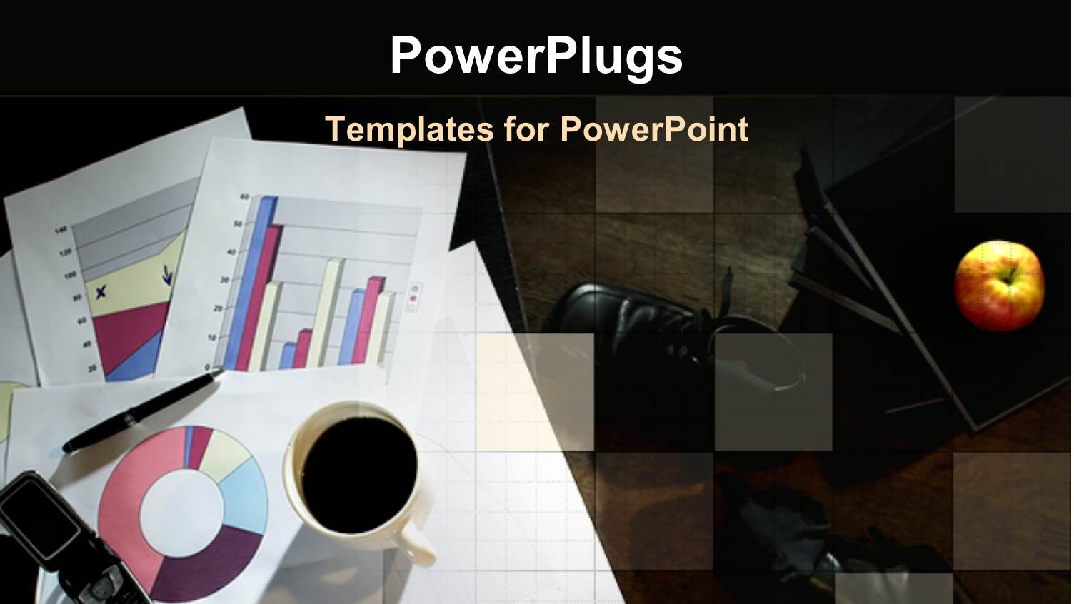 Business Charts and Diagrams on Papers, Coffee Cup, Cell Phone, Apple