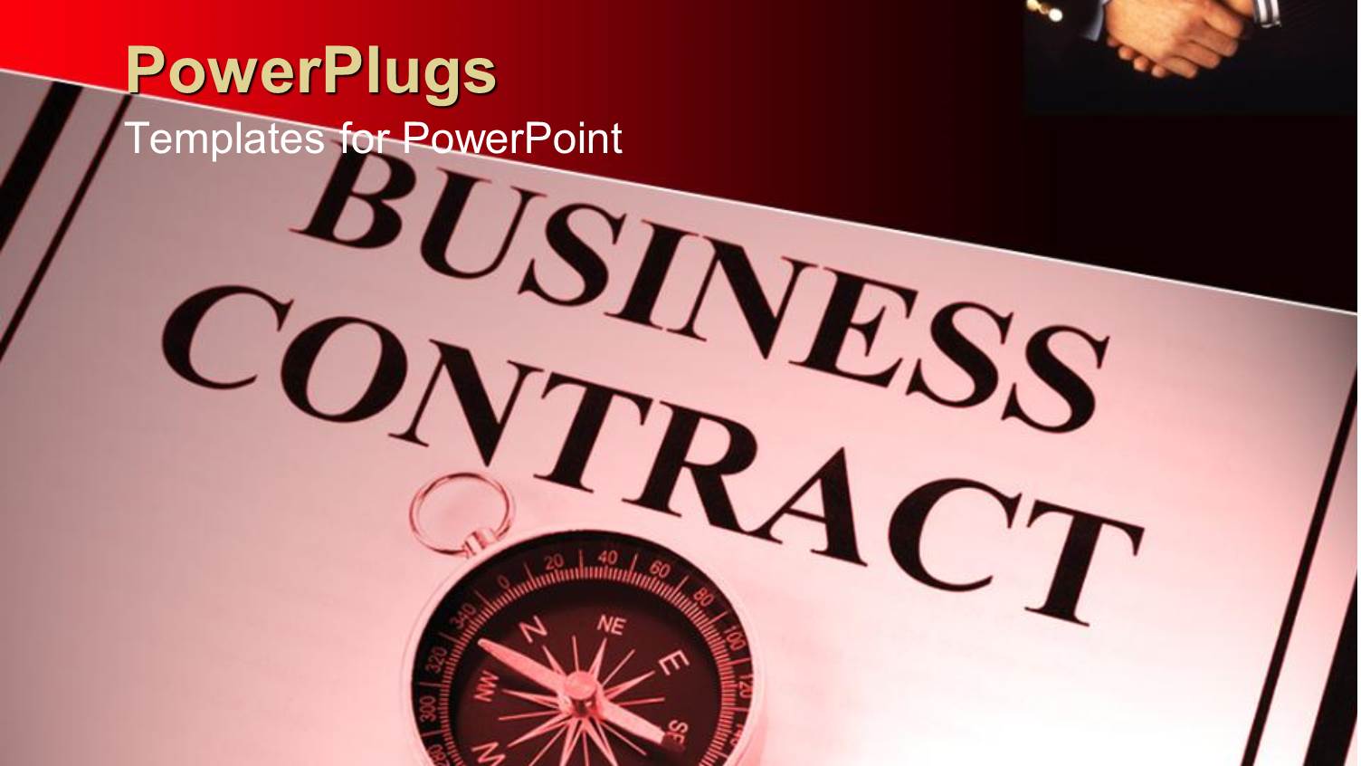 Business Contract and Compass on White Paper with Black Margins and Two Business Men Shaking Hands in the Top Right