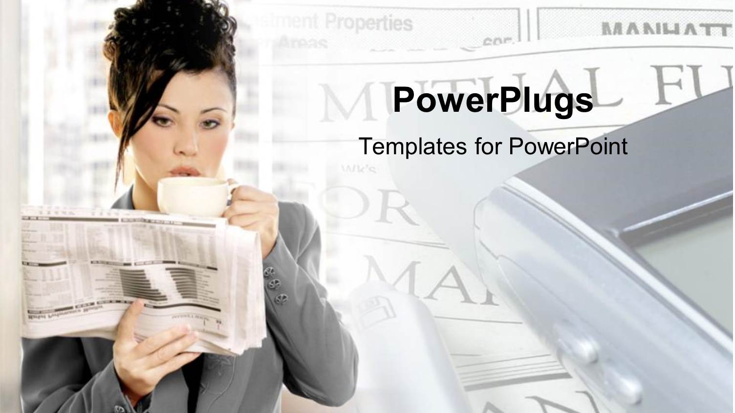 Business Corporate Lady Drinking Coffee and Reading a Newspaper