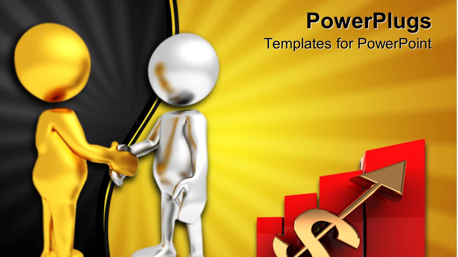 Business Deal Metaphor with Gold and Silver People Shaking Hands, Red Bar Graph, Stock Graph, Dollar Sign
